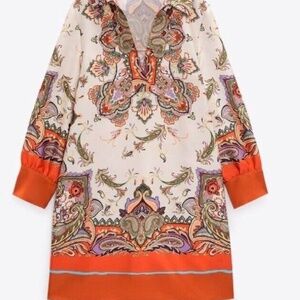 ZARA Multicoloured Printed Satin Oversize Mini Tunic Dress